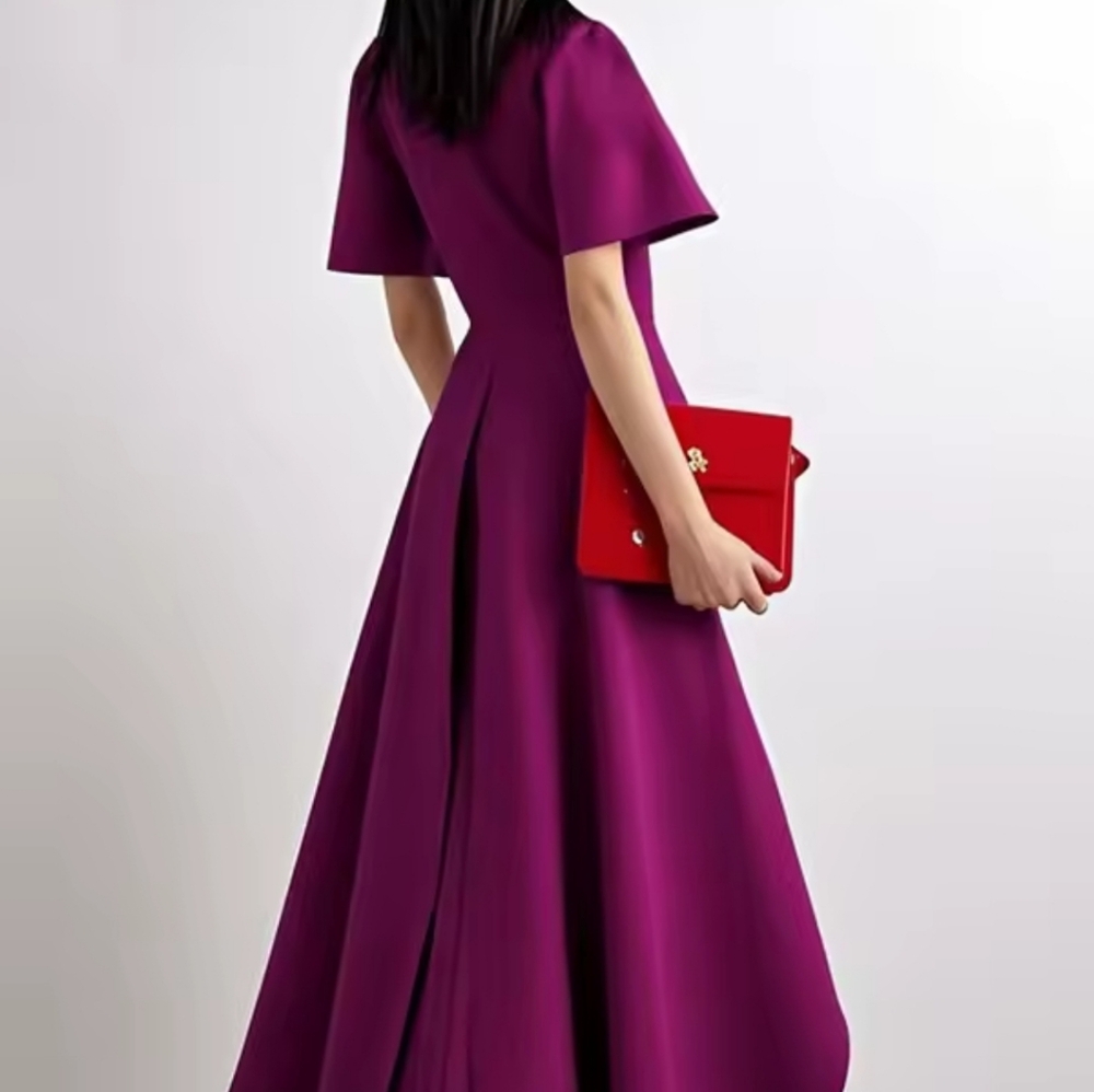 Women Vintage Solid Color Wedding BanquetMaxi Dresses 2025 Summer Short Sleeves - Picture 4 of 5